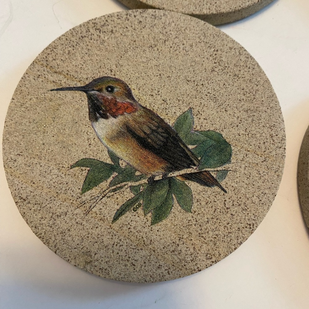 Vtg ThirstyStone Hummingbird Coasters Set of 4 Thirsty Stone Drink Bar Cork Base